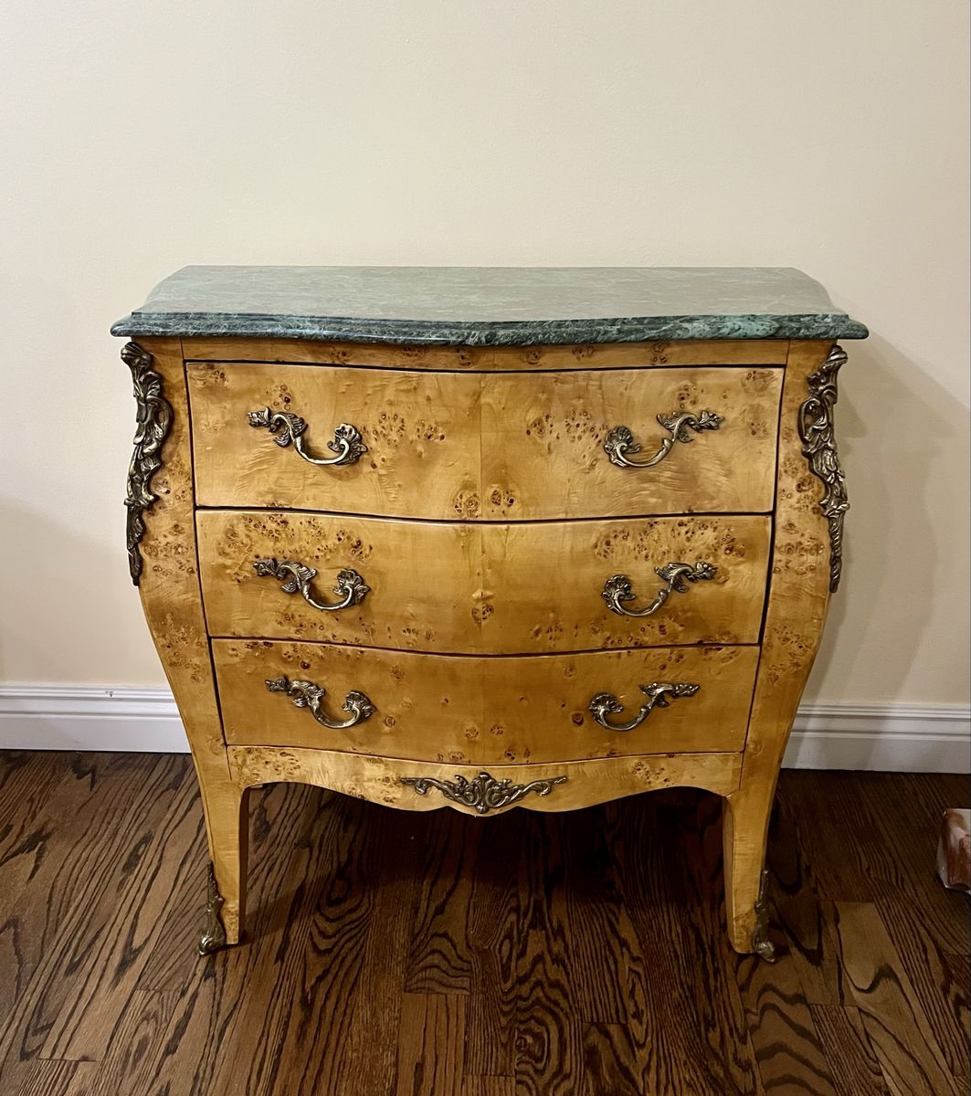 Antique Louis XV  Bombe Chest Commode Burl Wood with Brass Accents Marble Top