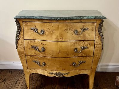 Antique Louis XV Bombe Chest Commode Burl Wood with Brass Accents Marble Top