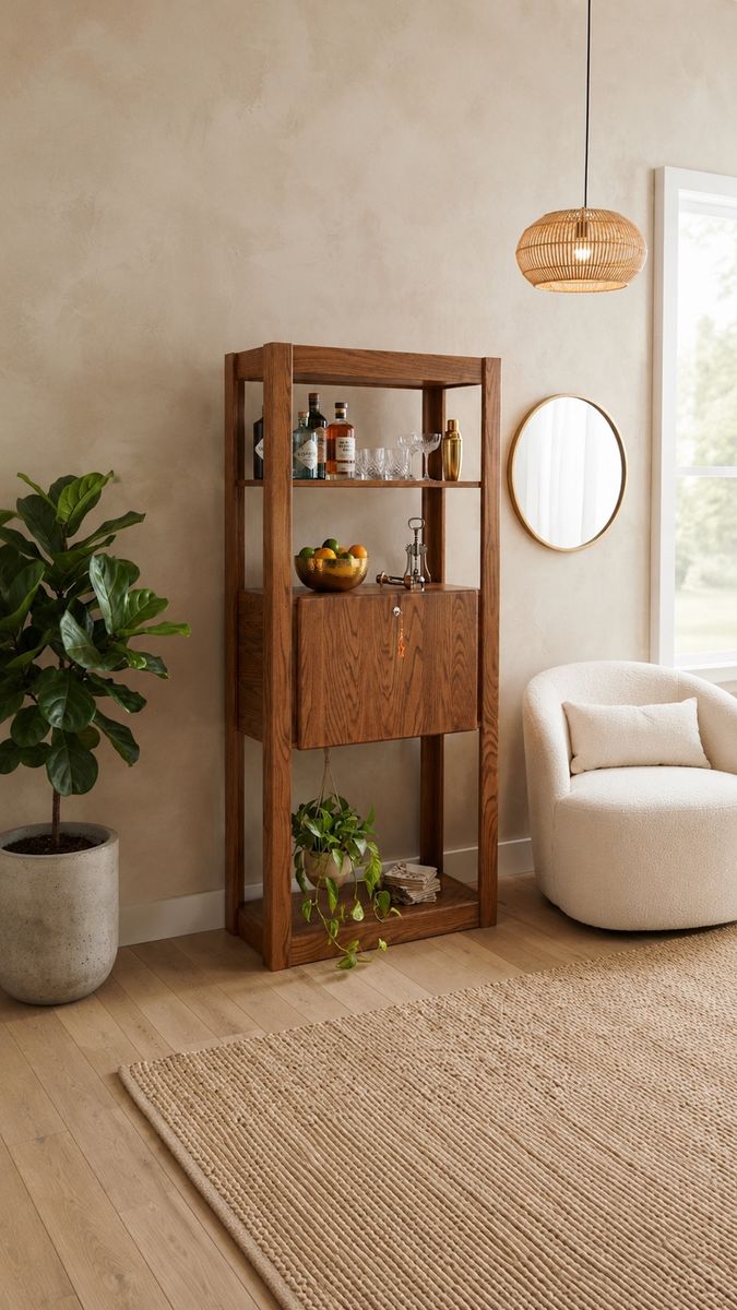 Vintage 1970's Large Scale 3-Tier Golden Oak Display Etagere Bookshelves Bookcase Bar Shelf w/Working Key & Lock