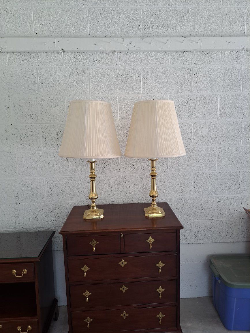 Pair of Vintage Brass Table Lamps with Pleated Shades - Classic & Elegant Lighting
