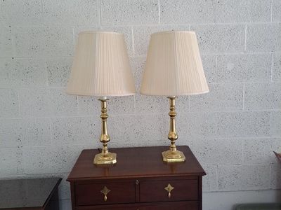 Pair of Vintage Brass Table Lamps with Pleated Shades - Classic & Elegant Lighting