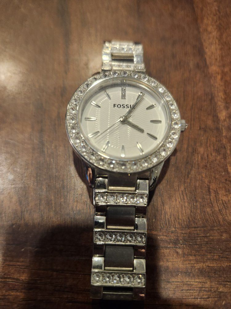 Fossil Women's Silver-Tone Rhinestone Crystal Bezel Watch