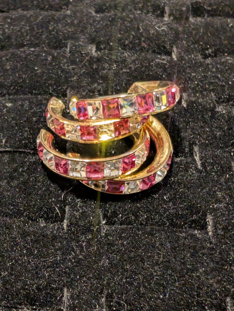 Gold-Tone Pink & Clear Crystal Hoop Earrings