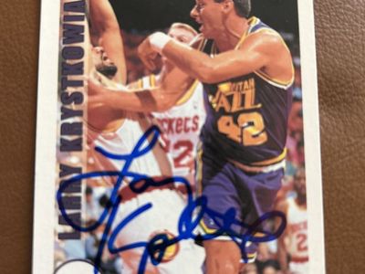 1993 Larry Krystkowiak Autographed Utah Jazz NBA Hoops Basketball Card Auto Hand Signed