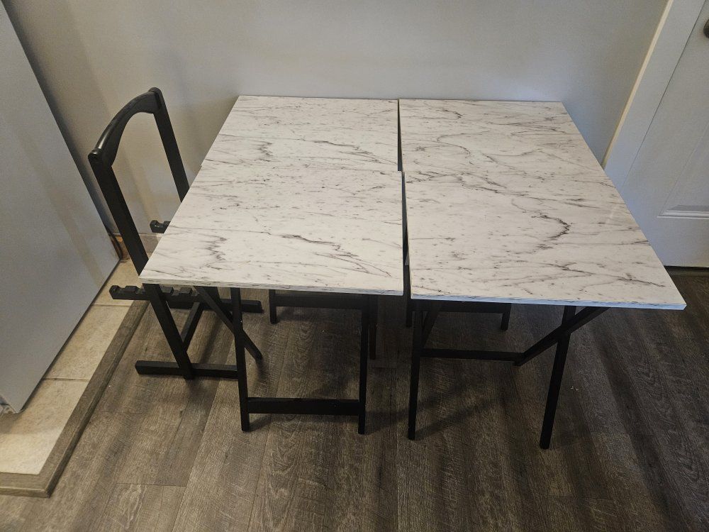 Set of 4 Marble-Look Folding TV Tray Tables with Storage Stand