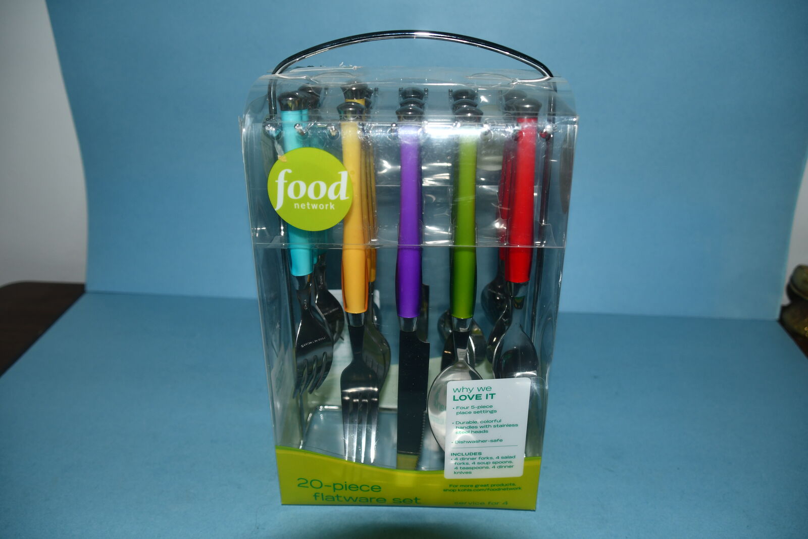 NIP FOOD NETWORK ~ 20 PIECE FLATWARE SET with HOLDER ~ COLORFUL HANDLES ~ STAINLESS STEEL~ SERVICE FOR 4
