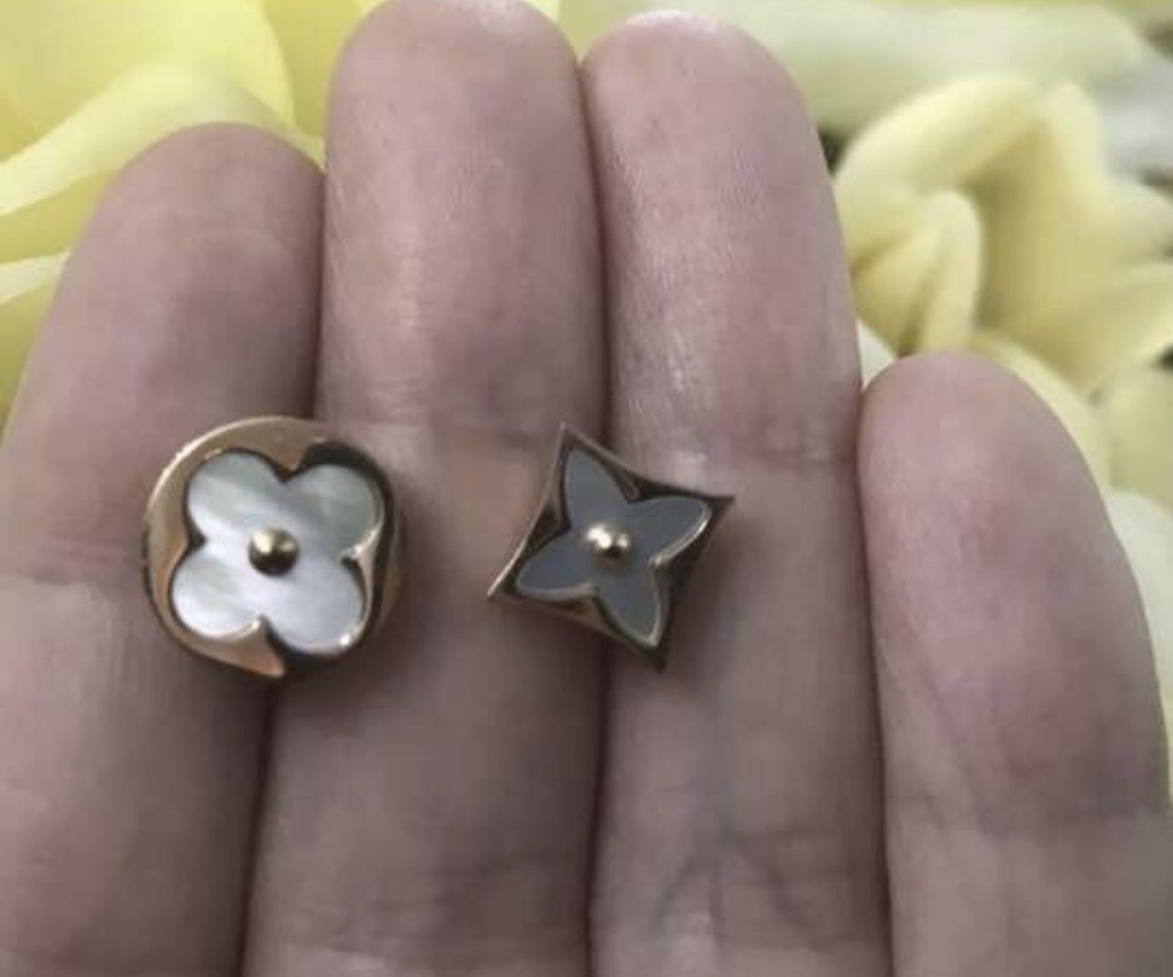 Louis Vuitton Monogram Flower Stud Earrings Gold Tone with Mother of Pearl Inlay