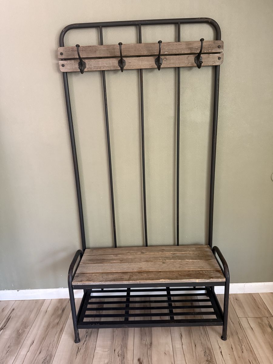 Industrial Farmhouse Hall Tree with Bench, Coat Rack & Shoe Storage - Wood & Metal