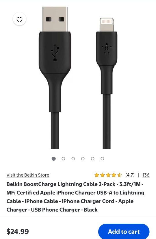 New Belkin BoostCharge USB-A to Lightning Cable - 3.3Ft / 1M Black