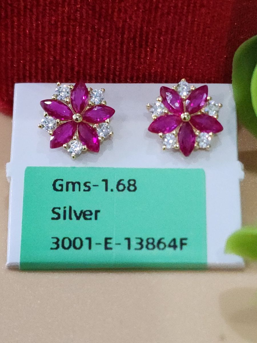 Elegant Silver Stud Earrings with pink moissanite diamond - Floral Design