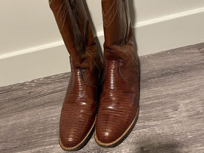 Vintage Justin Lizard Cowboy Boots – Made in USA – Brown Exotic Leather – Size 7B