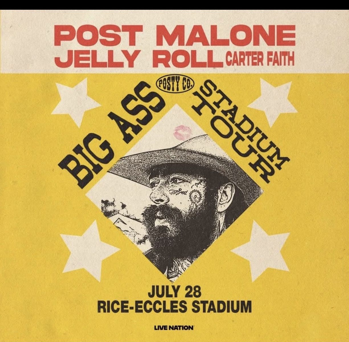 2 TICKETS to Post Malone, Jelly Roll & Carter Faith : The Big Ass Stadium Tour tickets