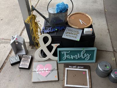Assorted Home Decor & Wall Art: Family, Love, Home Sweet Home Signs, Watering Can, Wooden Clock
