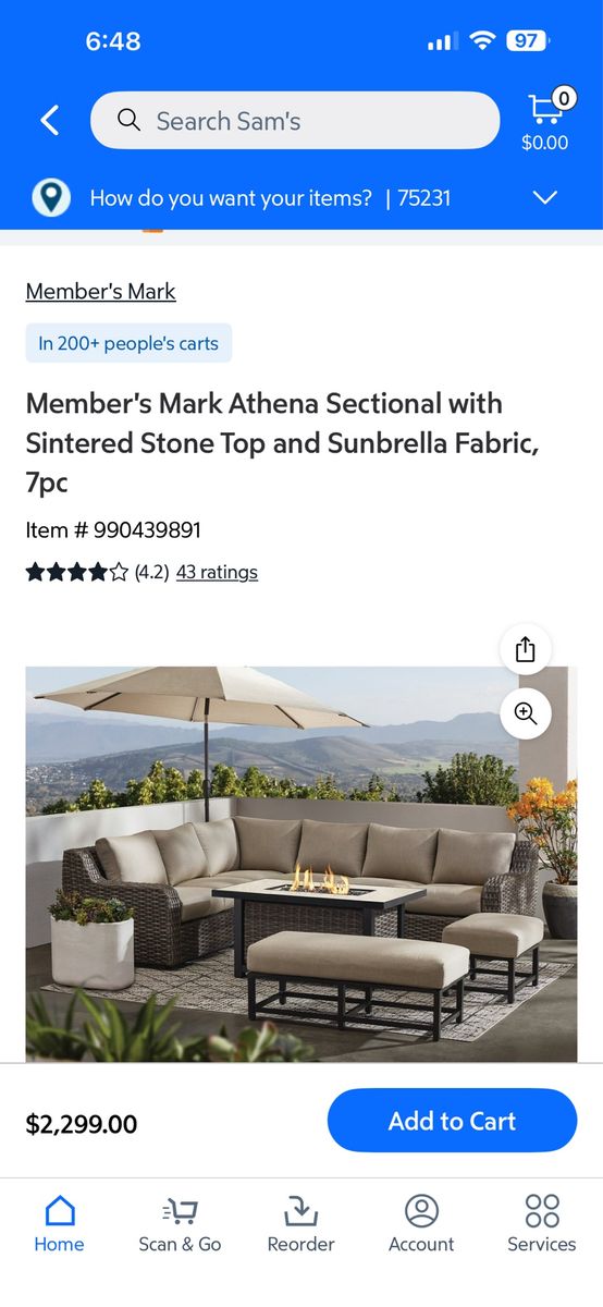 Member's Mark Athena 7-Piece Outdoor Sectional Sofa Set with Fire Pit, Sintered Stone Top, Sunbrella Fabric