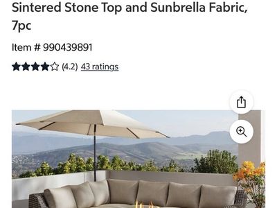 Member's Mark Athena 7-Piece Outdoor Sectional Sofa Set with Fire Pit, Sintered Stone Top, Sunbrella Fabric