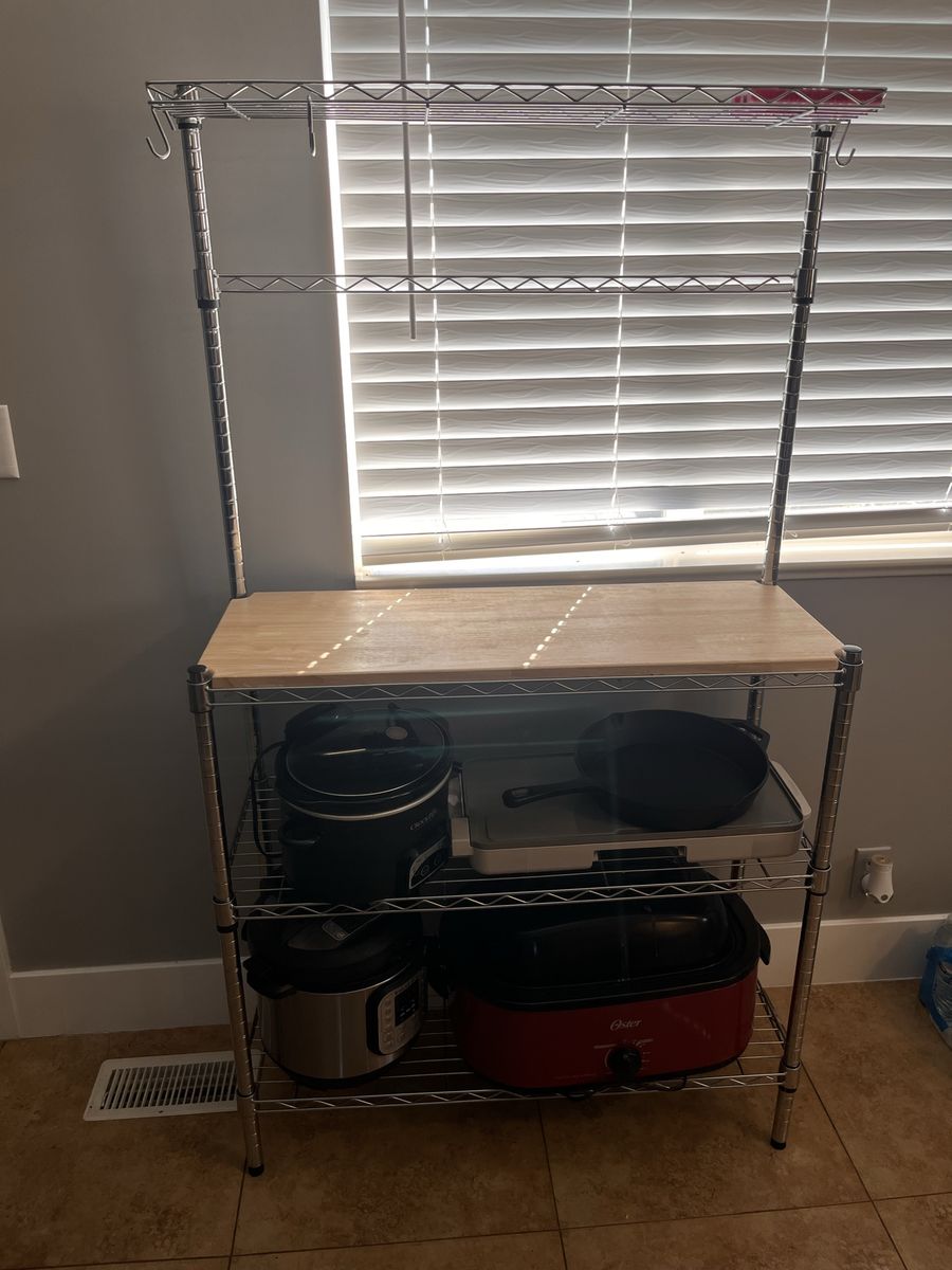 Chrome Wire Baker's Rack with Wood Cutting Board Top & Hanging Hooks