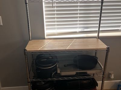 Chrome Wire Baker's Rack with Wood Cutting Board Top & Hanging Hooks