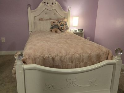 White Tufted Headboard & Footboard Twin Bed Frame with Crystal Finials & Bow Details
