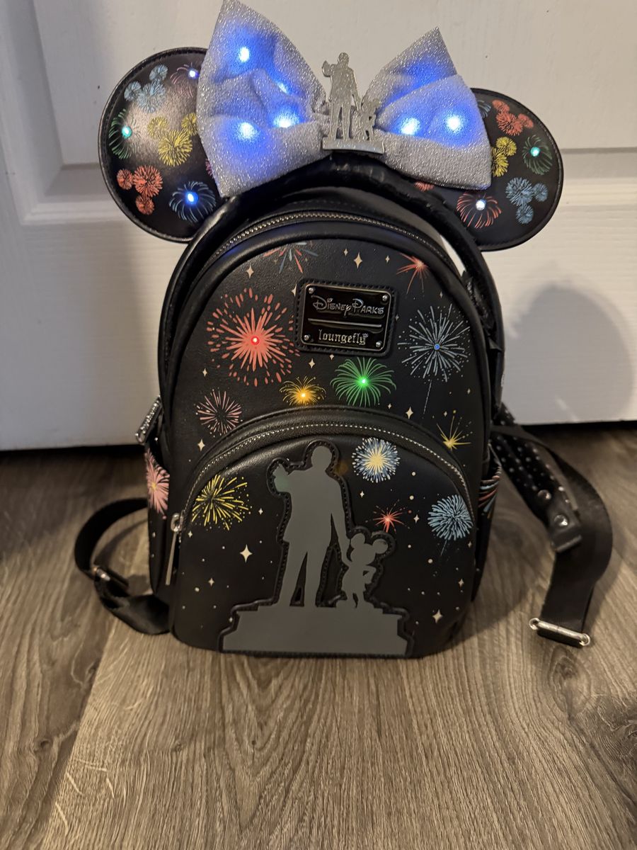 Disney Parks Loungefly Disney100 Year Of Wonder Light-Up Fireworks Mini Backpack & Minnie Ears Set