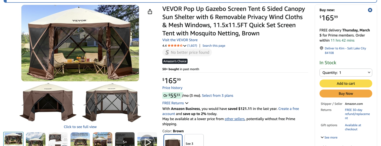 VEVOR Pop Up Gazebo Screen Tent 6 Sided Canopy Sun Shelter, Mesh Windows, 11.5x11.5FT