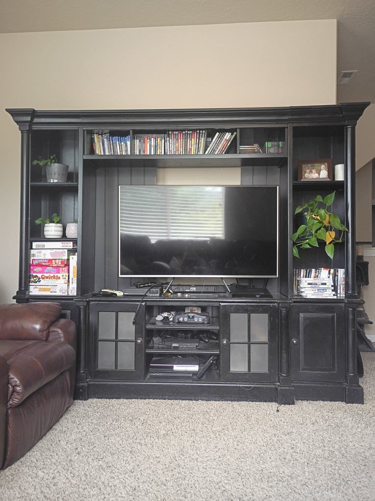 Large Black Entertainment Center TV Stand with Side Shelves, Storage Cabinets, and Display Space