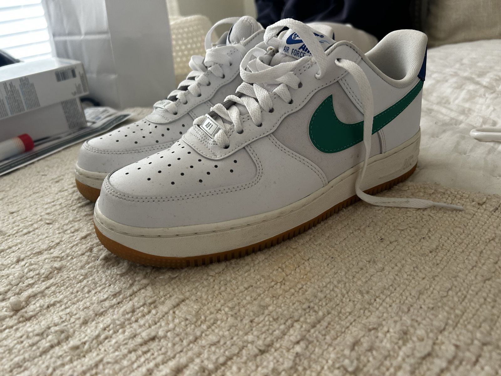 Nike Air Force 1 Low White/Green/Blue Gum Sole Sneakers - Men's Size 9