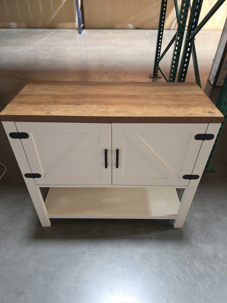 Farmhouse Style Buffet Cabinet with Wood Top and White Doors