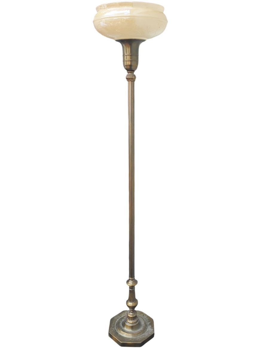 Antique Art Deco Opalescent Glass and Brass Torchiere Floor Lamp