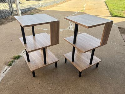 Two End Tables/Nightstands - Light Wood Grain & Black - Multi-tier Design