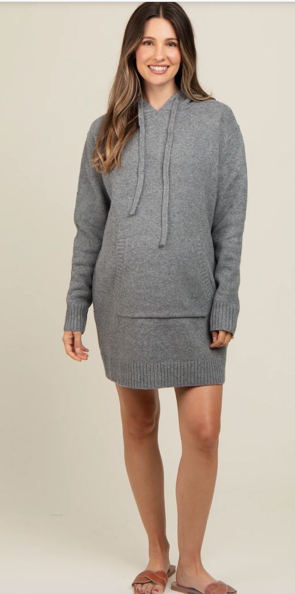 Women's Gray Knit Hooded Sweater Dress with Kangaroo Pocket