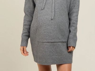 Women's Gray Knit Hooded Sweater Dress with Kangaroo Pocket