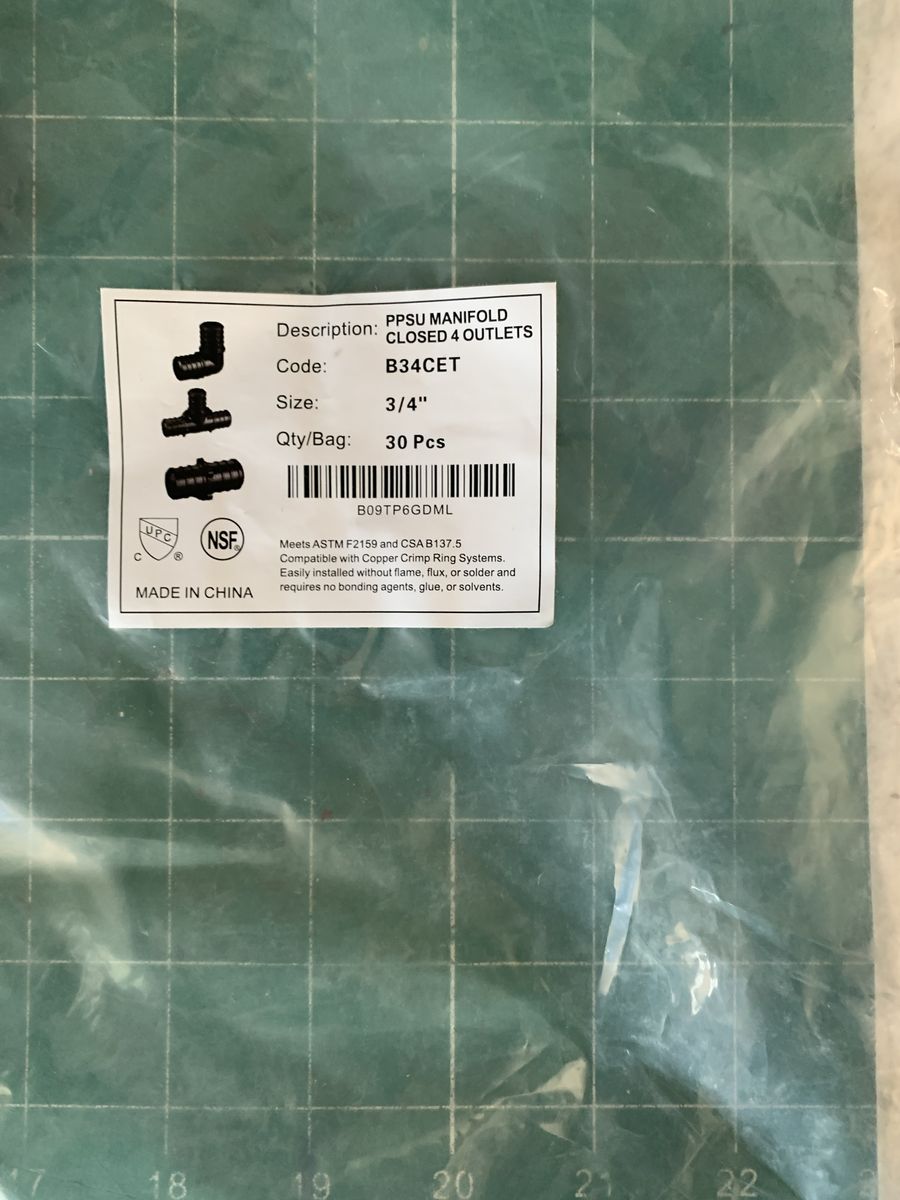 PPSU Manifold Closed 4 Outlets 3/4" PEX Crimp Fittings (Code B34CET) - 30 Pcs