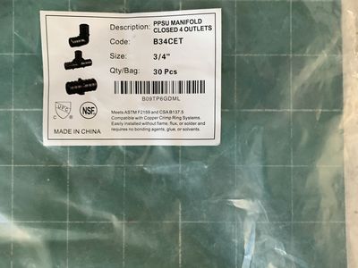 PPSU Manifold Closed 4 Outlets 3/4" PEX Crimp Fittings (Code B34CET) - 30 Pcs
