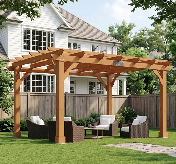 New 10x12 Ft Wooden Pergola with Reddish Brown Finish - Ready for Your Yard!