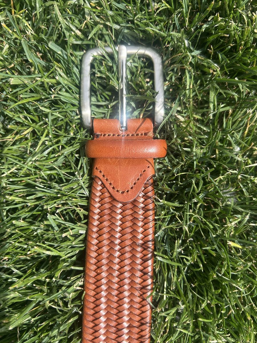 New Mens Leather Woven Brown silver buckle belt
