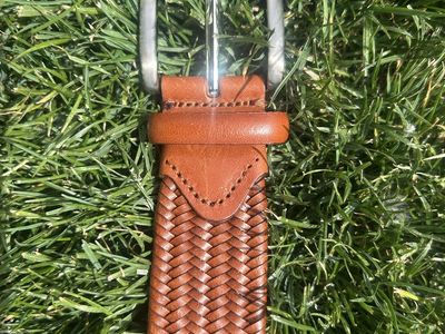 New Mens Leather Woven Brown silver buckle belt
