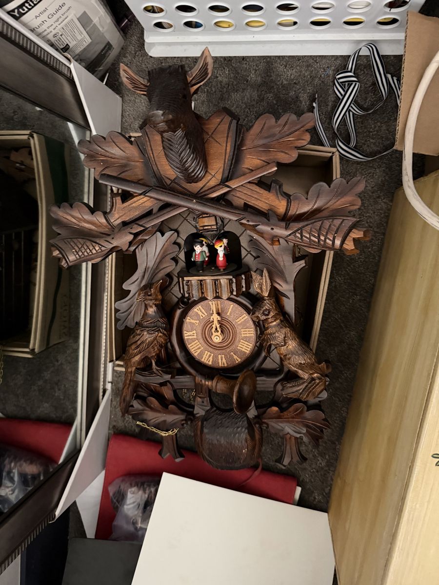 Vintage Hand-Carved Wooden Black Forest Cuckoo Clock with Animals and Figurines