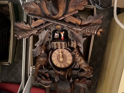 Vintage Hand-Carved Wooden Black Forest Cuckoo Clock with Animals and Figurines