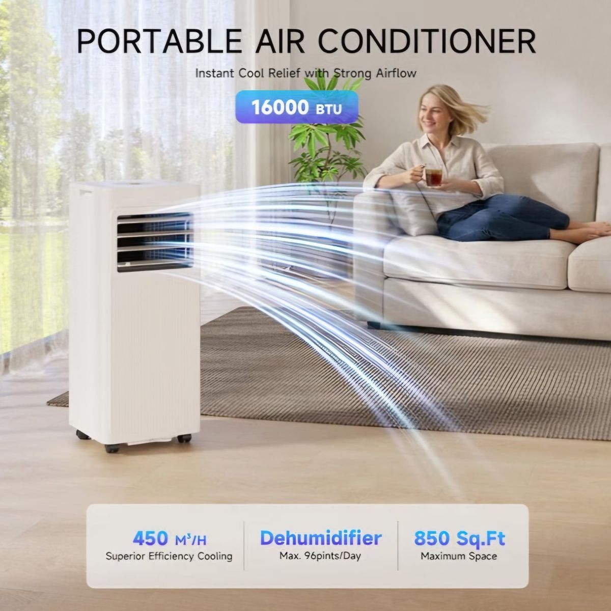 Portable Air Conditioners 16,000 BTU 5-in-1 Air Conditioner Portable Up to 850 Sq.Ft., Portable AC Unit with Cool, Fan, Dehumidi