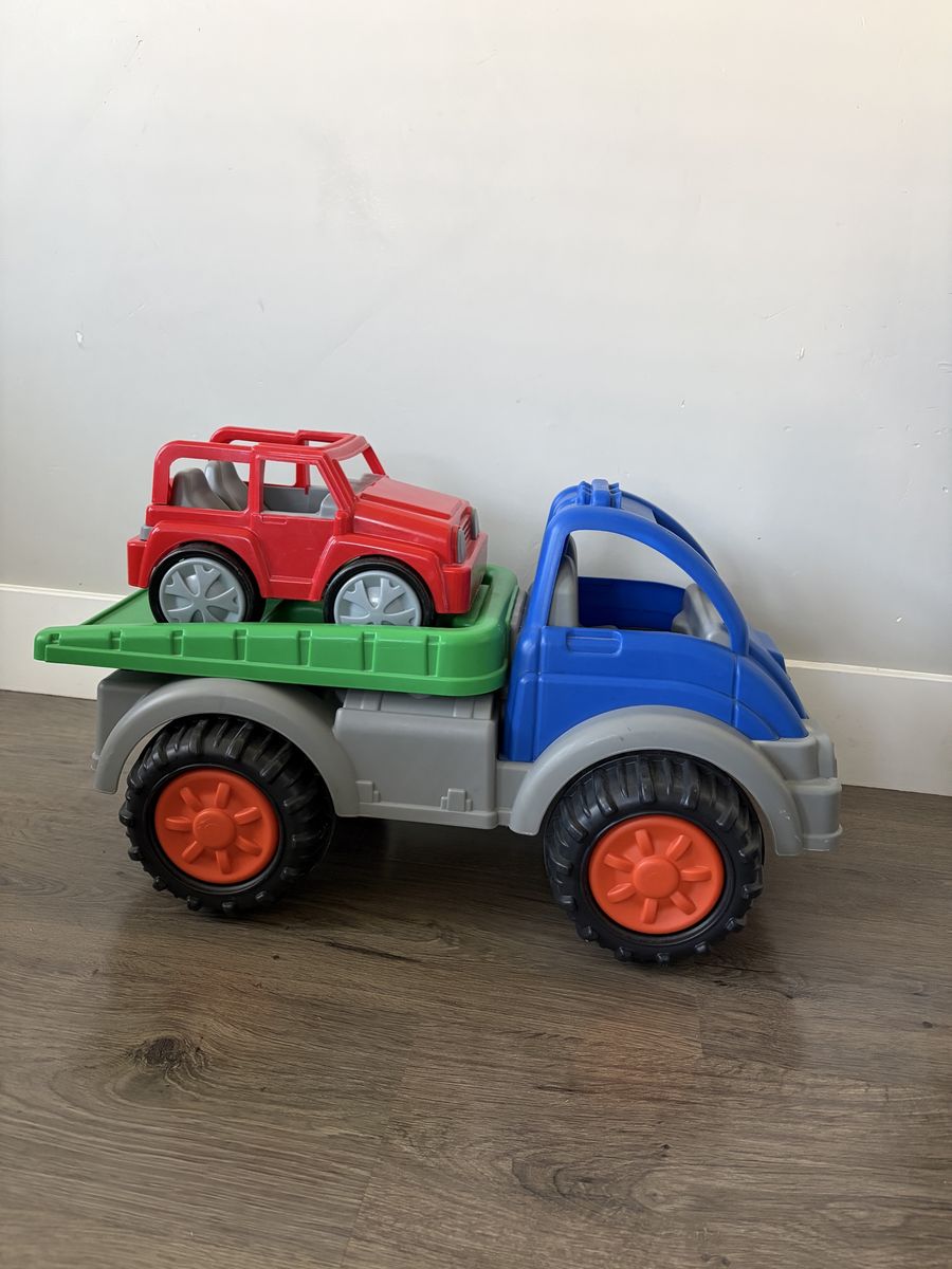 Green Toys Blue & Green Flatbed Truck with Red Car, Durable Eco-Friendly Kids Toy