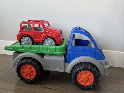 Green Toys Blue & Green Flatbed Truck with Red Car, Durable Eco-Friendly Kids Toy