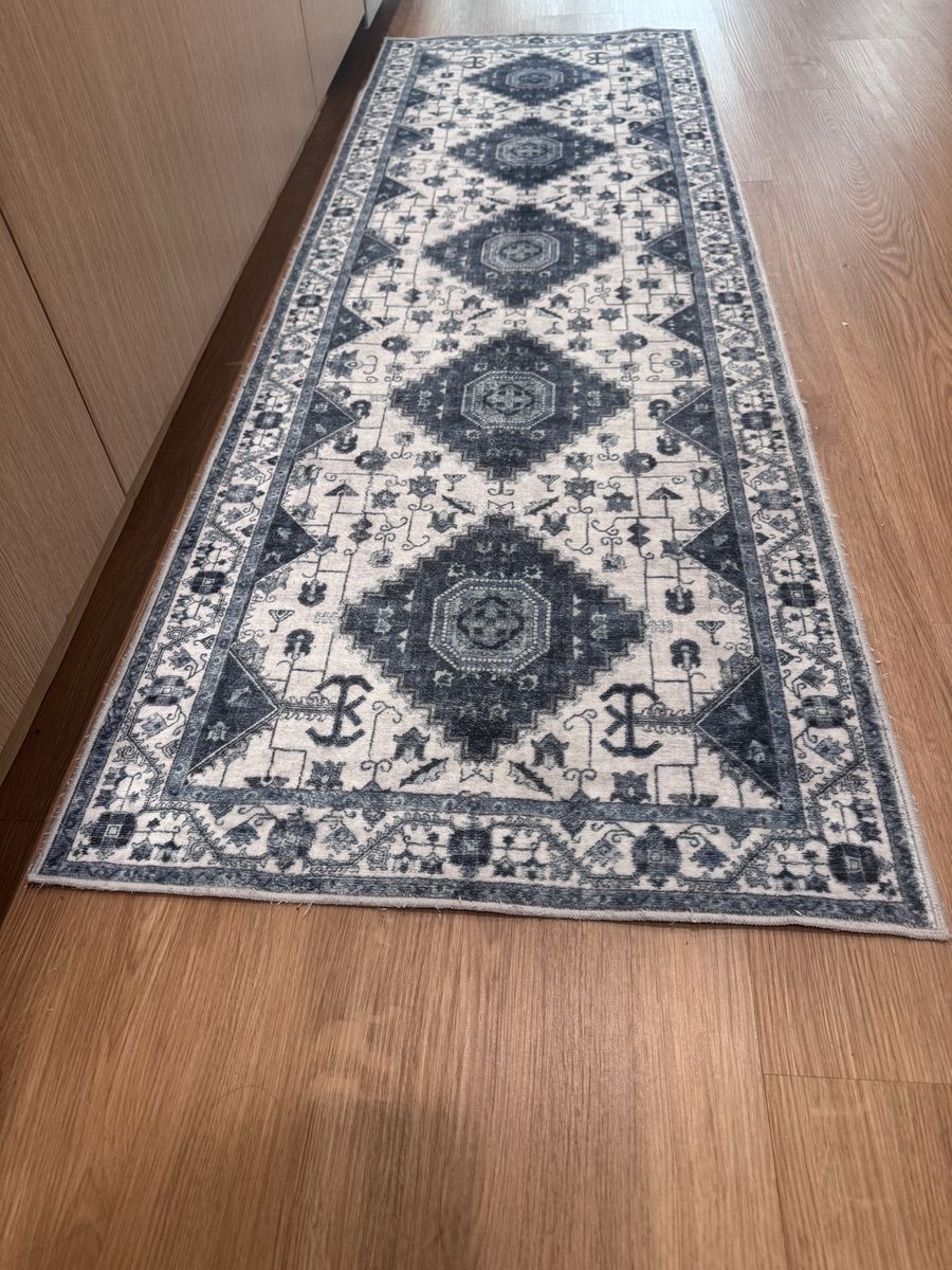 Blue and Cream Traditional Bohemian Style Hallway Runner Rug