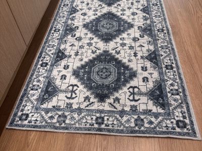 Blue and Cream Traditional Bohemian Style Hallway Runner Rug