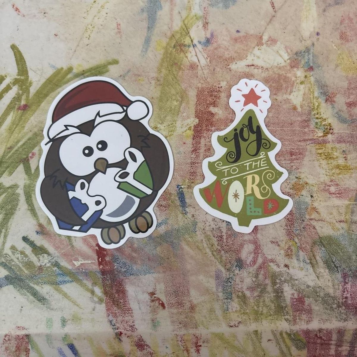 Christmas Holiday Stickers - Santa Owl & Joy to the World Christmas Tree Decals (Set of 2)