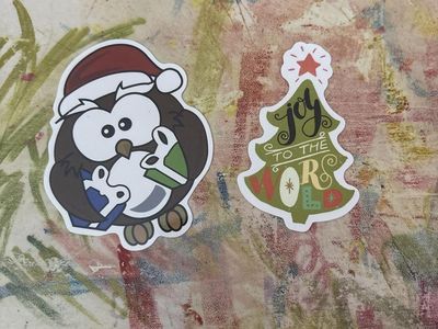 Christmas Holiday Stickers - Santa Owl & Joy to the World Christmas Tree Decals (Set of 2)