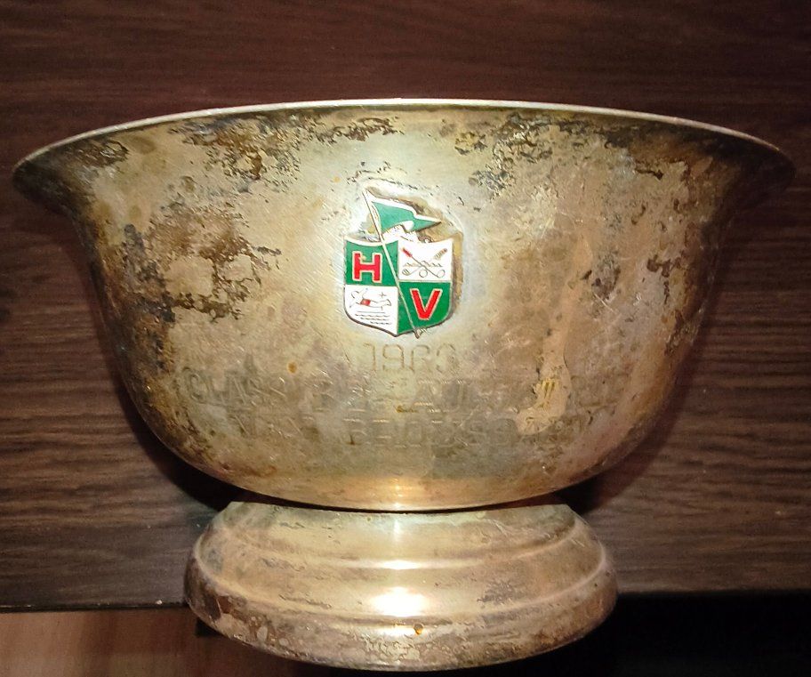 Vintage 1963 HV Enamel Crest Trophy Bowl Silver Plated Footed Cup