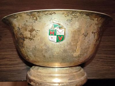 Vintage 1963 HV Enamel Crest Trophy Bowl Silver Plated Footed Cup