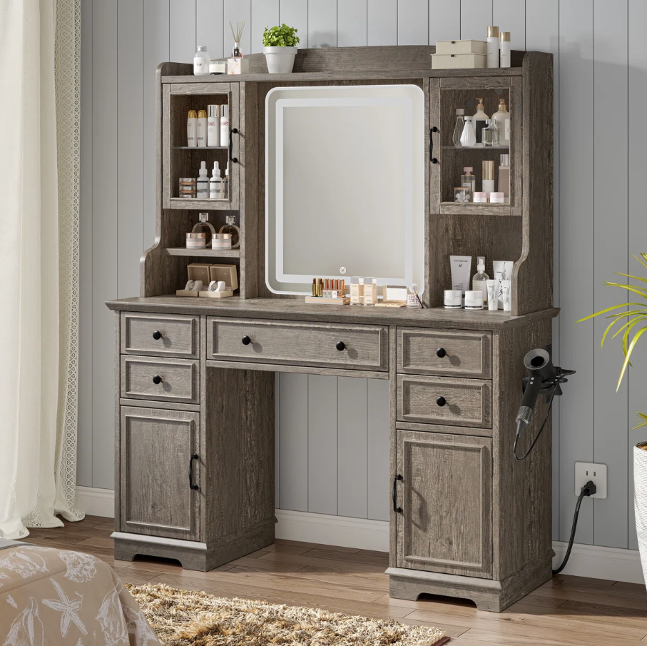 Brand New Alcott Hill Makeup Vanity w/ Lighted Mirror - Dark Oak - Fully Assembled