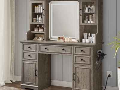 Brand New Alcott Hill Makeup Vanity w/ Lighted Mirror - Dark Oak - Fully Assembled