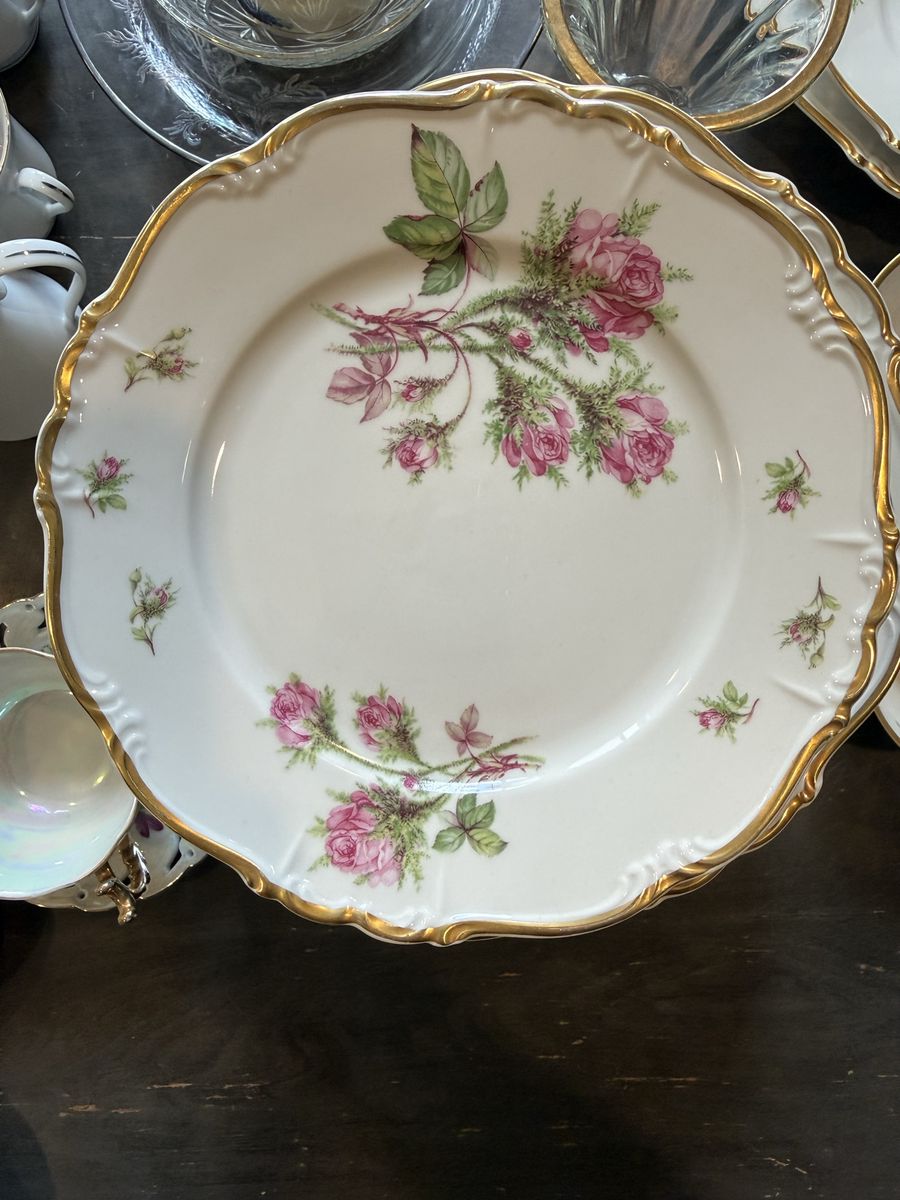 Vintage Pink Moss Rose Porcelain Plate Set - Gold Trim (10.5 In & 6 In)